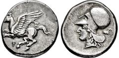 GRIECHISCHE MÜNZEN, GRIECHISCHES MUTTERLAND, KORINTH UND SEINE KOLONIEN, KORINTH. Stater. Spätes 5./frühes 4. Jh. Pegasos l. Rs: Athenakopf mit korinthischem Helm l. Beizeichen Pferdeprotome. Calciati