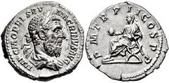 RÖMISCHE MÜNZEN, RÖMISCHES KAISERREICH MACRINUS. 217-218, Denar. Belorbeerte und drapierte Büste r. Rs: Macrinus sitzt l. auf Sella curulis, hält Globus und Zepter. C. 51 var. R.I.C. 27. 3.41g, Schöne