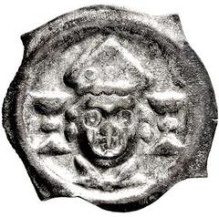 Medieval Römisch-Deutsches Reich, SCHWEIZ, BASEL,BISCHÖFLICHE MÜNZSTÄTTE Gerhard von Vuippens. 1310-1325, Vierzipfliger Pfennig o.J. Mitrierter Bischofskopf von vorn zwischen 2 Kelchen. Dazu Stadt Bas