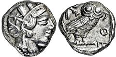 GRIECHISCHE MÜNZEN, GRIECHISCHES MUTTERLAND, ATTIKA, ATHEN. Tetradrachme. 479-404. Behelmter Athenakopf r. Rs: Eule r., dahinter Olivenzweig und Mondsichel. SNG COP. 32 ff. Svoronos Taf. 12-16. 17.19g