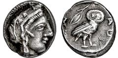 GRIECHISCHE MÜNZEN, GRIECHISCHES MUTTERLAND, ATTIKA, ATHEN. Östliche Imitation.Obol. 5./4. Jh. Behelmter Athenakopf r. Aramäischer Graffito (R oder T). Rs: Eule r., dahinter Olivenzweig. 0.83g, Hohes 