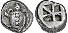GRIECHISCHE MÜNZEN, GRIECHISCHES MUTTERLAND, AIGINA Stater. 500-480. Seeschildkröte. Rs: Unregelmäßig geteiltes Quadratum incusum. SNG COP. vgl. 503. SNG München 544. SNG Delepierre 1516. 12.12g, Vs. 