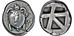 GRIECHISCHE MÜNZEN, GRIECHISCHES MUTTERLAND, AIGINA Stater. 480-456. Seeschildkröte. Rs: Unregelmäßig geteiltes Quadratum incusum. SNG COP. 507. SNG München 548 f. 12.24g, Schöne Tönung. Vs. hohes Rel