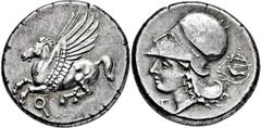 GRIECHISCHE MÜNZEN, GRIECHISCHES MUTTERLAND, KORINTH UND SEINE KOLONIEN, KORINTH. Stater. 4. Jh. v. Chr. Pegasos l. Rs: Athenakopf mit korinthischem Helm l. Beizeichen Taube in Kranz. BMC 282 f. BCD C
