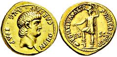 RÖMISCHE MÜNZEN, RÖMISCHES KAISERREICH NERO. 54-68, Rom oder Lugdunum.Aureus. NERO CAESAR AVG IMP Bloßer Kopf r. Rs: PONTIF MAX TR P VIIII COS IIII P P EX S C Virtus steht l. mit Parazonium und Speer,