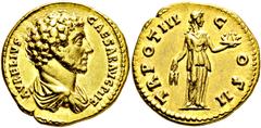 RÖMISCHE MÜNZEN, RÖMISCHES KAISERREICH MARCUS AURELIUS. 161-180, Aureus. Als Caesar. AVRELIVS CAESAR AVG PII F Drapierte Büste r. Rs: TR POT III COS II Fides steht r. mit Ähren und Schale mit Früchten