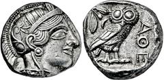 GRIECHISCHE MÜNZEN GRIECHISCHE MÜNZEN, GRIECHISCHES MUTTERLAND, ATTIKA, ATHEN. Tetradrachme. 479-404. Behelmter Athenakopf r. Rs: Eule r., dahinter Olivenzweig und Mondsichel. SNG COP. 32 ff. Svoronos