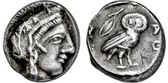 GRIECHISCHE MÜNZEN GRIECHISCHE MÜNZEN, GRIECHISCHES MUTTERLAND, ATTIKA, ATHEN. Östliche Imitation.Obol. 5./4. Jh. Behelmter Athenakopf r. Aramäischer Graffito (R oder T). Rs: Eule r., dahinter Olivenz
