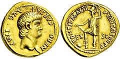 RÖMISCHE MÜNZEN RÖMISCHE MÜNZEN, RÖMISCHES KAISERREICH NERO. 54-68, Rom oder Lugdunum.Aureus. NERO CAESAR AVG IMP Bloßer Kopf r. Rs: PONTIF MAX TR P VIIII COS IIII P P EX S C Virtus steht l. mit Paraz