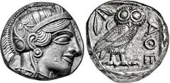GRIECHISCHE MÜNZEN GRIECHISCHE MÜNZEN, GRIECHISCHES MUTTERLAND, ATTIKA, ATHEN. Tetradrachme. 479-404. Behelmter Athenakopf r. Rs: Eule r., dahinter Olivenzweig und Mondsichel. SNG COP. 32 ff. Svoronos