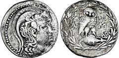 GRIECHISCHE MÜNZEN GRIECHISCHE MÜNZEN, GRIECHISCHES MUTTERLAND, ATTIKA, ATHEN. Tetradrachme. 184/183. Behelmter Athenakopf r. Rs: Eule sitzt r. auf Amphora. Beizeichen 2 aufgerichtete Schlangen. Alles