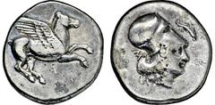 GRIECHISCHE MÜNZEN GRIECHISCHE MÜNZEN, GRIECHISCHES MUTTERLAND, KORINTH UND SEINE KOLONIEN, KORINTH. Stater. 4. Jh. v. Chr. Pegasos r. Rs: Athenakopf mit korinthischem Helm r. Beizeichen Delphin. BCD 