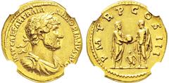 RÖMISCHE MÜNZEN RÖMISCHE MÜNZEN, RÖMISCHES KAISERREICH HADRIANUS. 117-138, Aureus. IMP CAESAR TRAIAN HADRIANVS AVG Belorbeerte, drapierte und gepanzerte Büste r. Rs: P M TR P COS III Hadrian steht r.,
