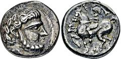 KELTEN KELTEN, DONAUKELTEN, IMIT. D. TETRAD. PHILIPPOS II. Tetradrachme. Typ Baumreiter. Barbarisierter belorbeerter Zeuskopf r. Rs: Reiter mit baumähnlichem Zweig und Helmschweif l. Vor dem Pferd kle