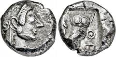 GRIECHISCHE MÜNZEN GRIECHISCHE MÜNZEN, GRIECHISCHES MUTTERLAND, ATTIKA, ATHEN. Tetradrachme. 510-480. Athenakopf mit attischem Helm r. Rs: Eule r., dahinter Olivenzweig. SNG COP. 19. Svoronos Taf. 5,2
