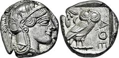 GRIECHISCHE MÜNZEN GRIECHISCHE MÜNZEN, GRIECHISCHES MUTTERLAND, ATTIKA, ATHEN. Tetradrachme. 479-404. Behelmter Athenakopf r. Rs: Eule r., dahinter Olivenzweig und Mondsichel. SNG COP. 32 ff. Svoronos