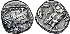 GRIECHISCHE MÜNZEN GRIECHISCHE MÜNZEN, GRIECHISCHES MUTTERLAND, ATTIKA, ATHEN. Tetradrachme. 393-295. Behelmter Athenakopf r. Rs: Eule r., dahinter Olivenzweig und Mondsichel. SNG COP. 63 ff. Svoronos