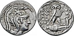 GRIECHISCHE MÜNZEN GRIECHISCHE MÜNZEN, GRIECHISCHES MUTTERLAND, ATTIKA, ATHEN. Tetradrachme. 140/139. Behelmter Athenakopf r. Rs: Eule sitzt r. auf Amphora. Beizeichen Tyche l. mit Füllhorn. Alles in 