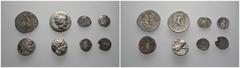 LOTS LOTS Griechische Silbermünzen:Tetradrachmen: Thasos, Athen und Ptolemäer. Drachmen: Dyrrhachion, Seleukiden, Parther und Sassaniden. Dazu ein subaerater Denar des Augustus. Zusammen 8 Exemplare. 