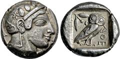 GRIECHISCHE MÜNZEN, GRIECHISCHES MUTTERLAND, ATTIKA, ATHEN. Tetradrachme. 479-ca. 450. Athenakopf mit attischem Helm r., auf dem Helmkessel Ranke und 3 Olivenblätter. Rs: Eule r., dahinter Olivenzweig