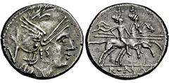 RÖMISCHE REPUBLIK, ANONYM Quinar. Nach 211 v. Chr. Behelmter Romakopf r., dahinter Wertzeichen V. Rs: Dioskuren reiten r. Syd. 141. RRC 44, 6. 2.34g, Schöne, etw. fleckige Tönung. L. korrodiert. vz