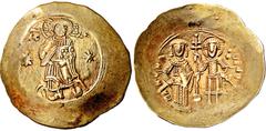 BYZANTINISCHE MÜNZEN, BYZANTINISCHE MÜNZEN MANUEL I. COMNENUS. 1143-1180, El-Aspron Trachy. Christus steht frontal zwischen 2 Sternen. Rs: Kaiser und der Hl. Theodor stehen frontal, halten zwischen si