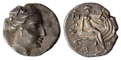 Ancient Coins GRIECHISCHE MÜNZEN, GRIECHISCHES MUTTERLAND, EUBOIA, HISTIAIA. Tetrobol. 3./2. Jh. Weiblicher Kopf r. Rs: Nymphe Histiaia sitzt rechts auf Galeere. SNG COP. 517 ff. vgl. 2.11g. Vs. min. 
