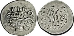 KELTEN, DONAUKELTEN, IMIT. D. TETRADR. V. THASOS. Tetradrachme. Stilisierter Dionysoskopf l. Rs: Aufgelöstes Heraklesmotiv mit Punktlegende. OTA -, vgl. KL. V,22. Kostial -. Lukanc -. 15.53g, Schöne T