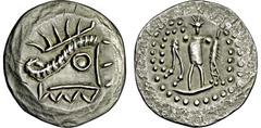 KELTEN, DONAUKELTEN, IMIT. D. TETRADR. V. THASOS. Tetradrachme. Stilisierter Dionysoskopf r. Rs: Stilisierter "Herakles" mit Strahlenkopf steht frontal. Punktlegende. OTA -, vgl. KL. V. Kostial -. Luk