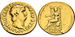 RÖMISCHE MÜNZEN, RÖMISCHES KAISERREICH NERO. 54-68, Rom oder Lugdunum.Aureus. IMP NERO CAESAR AVGVSTVS Belorbeerter Kopf r. Rs: Salus thront l. mit Patera. Im Abschnitt SALVS. C. 317. R.I.C. 66. Calic
