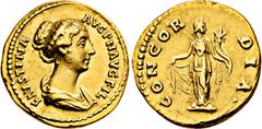 RÖMISCHE MÜNZEN, RÖMISCHES KAISERREICH FAUSTINA MINOR. GEMAHLIN D. M. AURELIUS 161-, Aureus. FAVSTINA AVG PII AVG FIL Drapierte Büste r. Rs: CONCORDIA Concordia steht frontal, Kopf r., hebt mit der Re