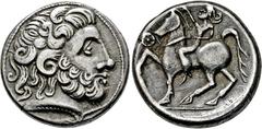 KELTEN KELTEN, DONAUKELTEN, IMIT. D. TETRAD. PHILIPPOS II. Tetradrachme. Typ Zweigarm. Bärtiger Kopf r. mit 2 großen volutenförmigen Locken, den sog. "Ammonshörnern". Rs: Stilisierter Reiter l., davor