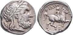 KELTEN KELTEN, DONAUKELTEN, IMIT. D. TETRAD. PHILIPPOS II. Tetradrachme. Unmittelbare Nachprägung mit vollständiger Legende. Belorbeerter Zeuskopf r. Rs: Reiter mit Zweig r. Beizeichen Fackel. OTA vgl