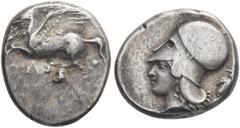 GRIECHISCHE MÜNZEN GRIECHISCHE MÜNZEN, GRIECHISCHES MUTTERLAND, KORINTH UND SEINE KOLONIEN, KORINTH. Stater. 4. Jh. v. Chr. Pegasos r. Rs: Athenakopf mit korinthischem Helm l. Beizeichen Weintraube. B
