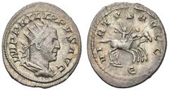 RÖMISCHES KAISERREICH RÖMISCHE MÜNZEN, RÖMISCHES KAISERREICH PHILIPPUS I. ARABS. 244-249, Antoninian. Drapierte und geharnischte Büste mit Strahlenkrone r. Rs: Philippus Arabs und Philippus II. reiten