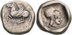 GRIECHISCHE MÜNZEN, GRIECHISCHES MUTTERLAND, KORINTH UND SEINE KOLONIEN, KORINTH. Stater. 500-450. Pegasos l. Rs: Athenakopf mit korinthischem Helm r. in rautenförmigem Incusum. BCD Coll. 21. Calciati