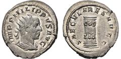 RÖMISCHE MÜNZEN, RÖMISCHES KAISERREICH PHILIPPUS I. ARABS. 244-249, Antoninian. 248. IMP PHILIPPVS AVG Drapierte und gepanzerte Büste mit Strahlenkrone r. Rs: SAECVLARES AVGG Säule mit Inschrift COS I
