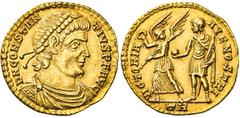 TREVERI, RÖMISCHES KAISERREICH CONSTANTIUS II. 337-361, Treveri. 1. Officina.Solidus. 353. D N CONSTANTIVS P F AVG Drapierte und gepanzerte Büste mit Diadem r. Rs: VICTORIA AVG NOSTRI Constantius steh
