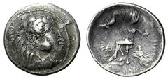 Kelten Donaukelten IMIT. D. TETRADR. PHILIPPOS III. Tetradrachme. Herakleskopf mit Löwenfell r. Rs: Zeus thront l. mit Adler und Langzepter. OTA 581, 10. Kostial 900. 16,5g. Beidseitig stark abgenutzt