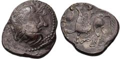 KELTEN, DONAUKELTEN, IMIT. D. TETRAD. PHILIPPOS II. Tetradrachme. Typ Kapostal. Stilisierter bärtiger Kopf r. Rs: Stilisierter Reiter l., unter dem Pferd liegender Achter. OTA 484, 1. Kostial 766. 12.