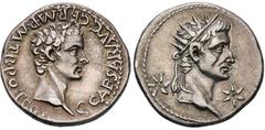 RÖMISCHE MÜNZEN, RÖMISCHES KAISERREICH CALIGULA UND AUGUSTUS. 37-, Lugdunum.Denar. C CAESAR AVG GERM P M TR POT COS Bloßer Kopf des Caligula r. Rs: Kopf des Divus Augustus mit Strahlenkrone r. zwische