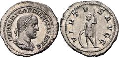 RÖMISCHE MÜNZEN, RÖMISCHES KAISERREICH GORDIANUS II. AFRICANUS. 238-, Denar. IMP M ANT GORDIANVS AFR AVG Belorbeerte, drapierte und gepanzerte Büste r. R: VIRTVS AVGG Virtus steht l. mit Schild und Sp