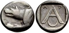 Greek Coins ARGOLIS. Argos. Hemidrachm (Circa 330-270 BC). Obv: Forepart of wolf at bay left. Rev: Large A; A-P across upper field, crescent below; all within shallow square incuse. BCD Peloponnesos 1