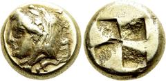Greek Coins IONIA. Phokaia. EL Hekte (Circa 387-326 BC). Obv: Head of Omphale left, wearing lion skin and with club over shoulder; below, small seal left. Rev: Quadripartite incuse square. Bodenstedt 