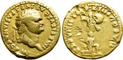 Roman Imperial Coins TITUS (Caesar, 69-79). GOLD Aureus. Rome. Obv: IMP TITVS CAES VESPASIAN AVG P M. Laureate head right. Rev: TR P VIIII IMP XIIII COS VII. Male captive kneeling right before trophy.
