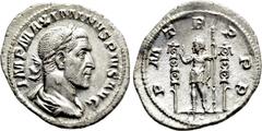 Roman Imperial Coins MAXIMINUS THRAX (235-238). Denarius. Rome. Obv: IMP MAXIMINVS PIVS AVG. Laureate, draped and cuirassed bust right. Rev: P M TR P P P. Maximinus standing left, raising hand and hol