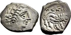 Celtic Coins WESTERN EUROPE. Gaul. Insubres. Drachm (1st century BC). Imitating Massalia. Obv: Female head right; wearing earring. Rev: Stylized lion right. LT 2126. Condition: Very fine. Weight: 3.12