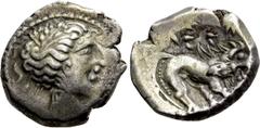 Celtic Coins WESTERN EUROPE. Gaul. Insubres. Drachm (1st century BC). Imitating Massalia. Obv: Female head right; wearing earring. Rev: Stylized lion right. LT 2146. Condition: Very fine. Weight: 2.66
