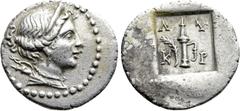 Greek Coins LYCIA. Lycian League. Kragos. 1/4 Drachm (Circa 48-27 BC). Obv: Head of Artemis right, with bow and quiver over shoulder. Rev: A - Y / K - P. Quiver; filleted palm frond to left; all withi