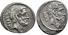 Roman Republican Coins Q. SERVILIUS CAEPIO (M. JUNIUS) BRUTUS. Denarius (54 BC). Rome. Obv: BRVTVS. Bare head of L. Junius Brutus right. Rev: AHALA. Bare head of C. Servilius Ahala right. Crawford 433